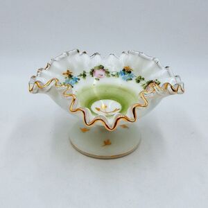 Fenton Charleton Rose Green Mist Silvercrest Compote Gold Trim Hand-painted